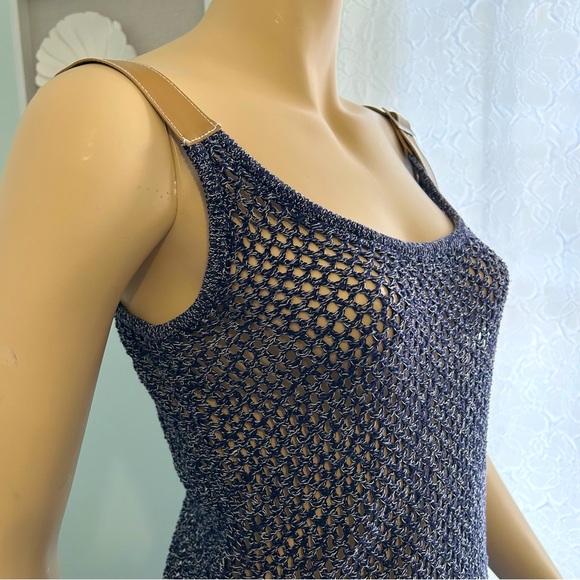 Herve Leger Paris Knit Tank Top Leather Straps Sleeveless‎ Blue L - Picture 1 of 9